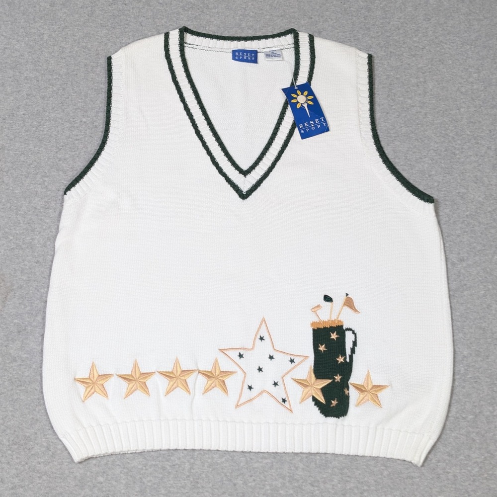 VTG Reset Sport Knitted Sweater Vest Size XL Embroidered Stars & Golf Clubs New